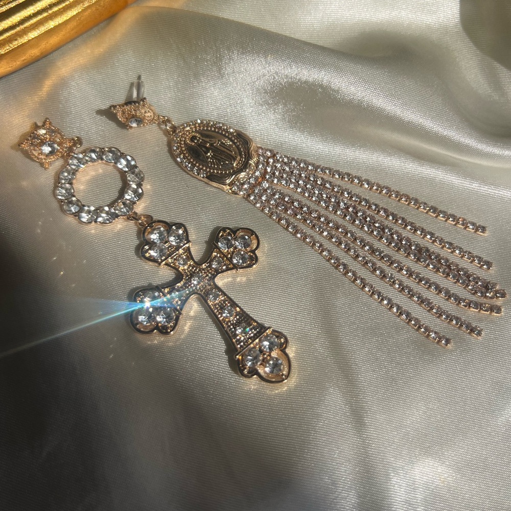 Elegant Gold and Silver Cross Dangle Earrings